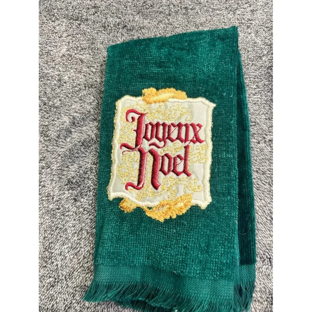 Vintage Holiday Hand Towel Set Joyeux Noel Green & Joy Purple Fringed Terry